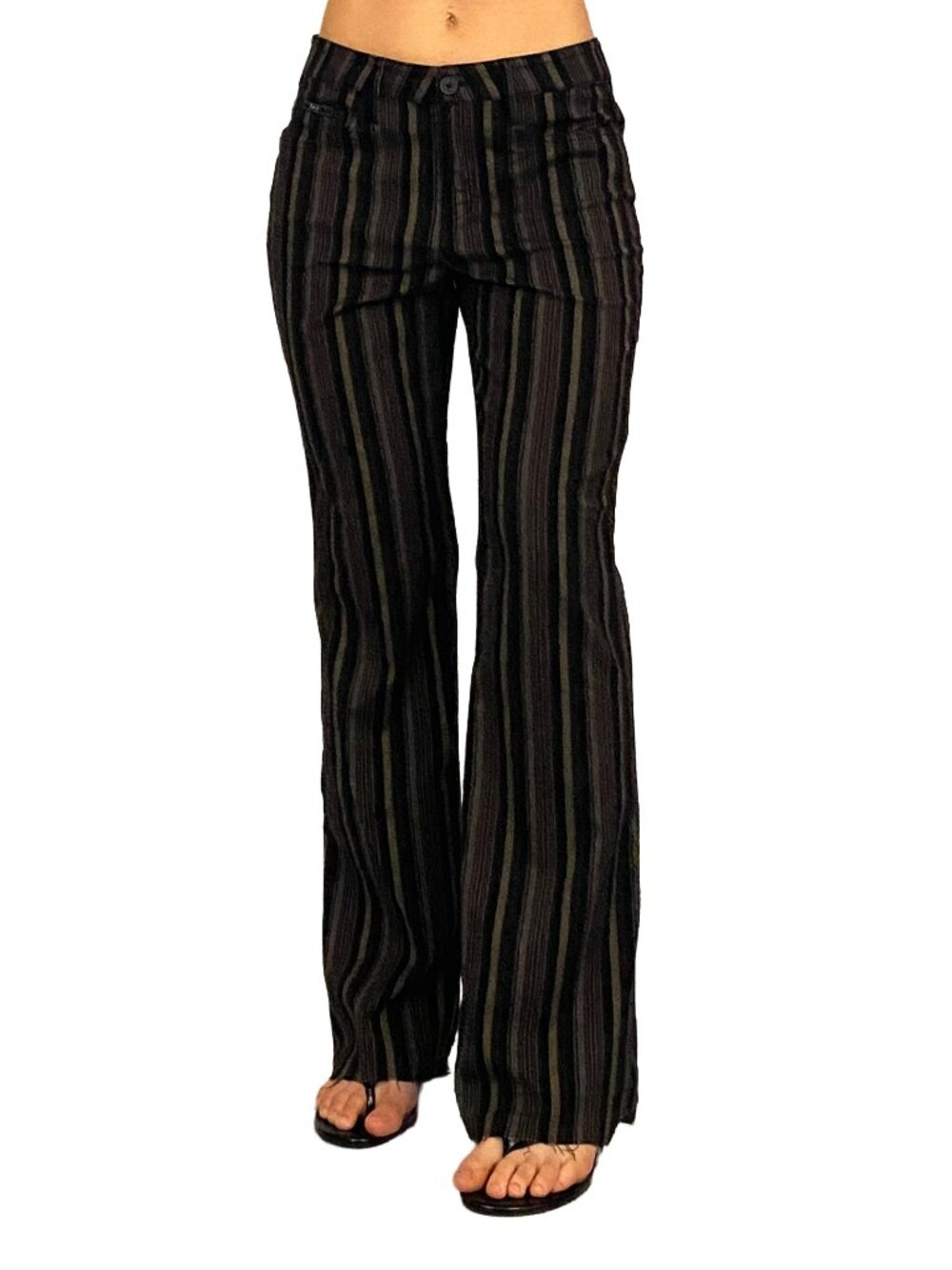 2000s l.e.i black striped mid rise pants with hints of blue, red, and tan.